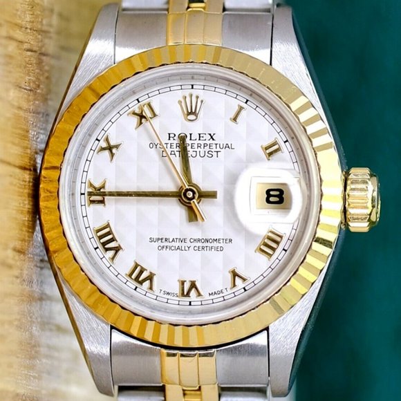 ROLEX DATEJUST CREAM PYRAMID ROMAN DIAL 18KY FLUTED JUBILEE TWO-TONE WATCH 69173 - Picture 1 of 9